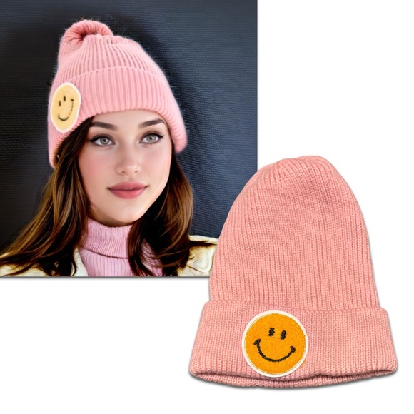 Smiley Face Pink Ribbed Knit Winter Hat - Picture 10 of 10